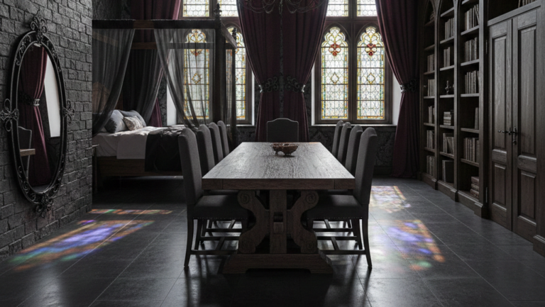 Grafika przedstawia luksusowe, przestronne wnętrze, które w sposób dosłowny i realistyczny interpretuje założenia współczesnego stylu gotyckiego