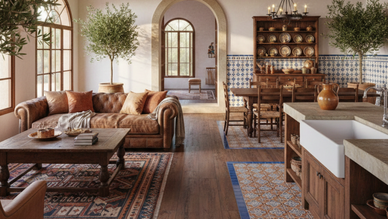 Obraz przedstawia przestronne, otwarte wnętrze typu open space, łączące strefę wypoczynkową, jadalnianą oraz kuchenną