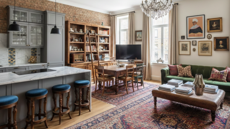 Obraz przedstawia przestronne, otwarte pomieszczenie o wysokim suficie, w którym kuchnia płynnie łączy się z salonem i jadalnią