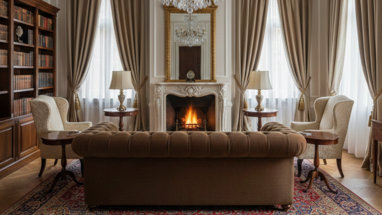 Grafika przedstawia luksusowy i harmonijny salon urządzony w klasycznym stylu, który idealnie odzwierciedla zasady symetrii i elegancji opisane w tekście
