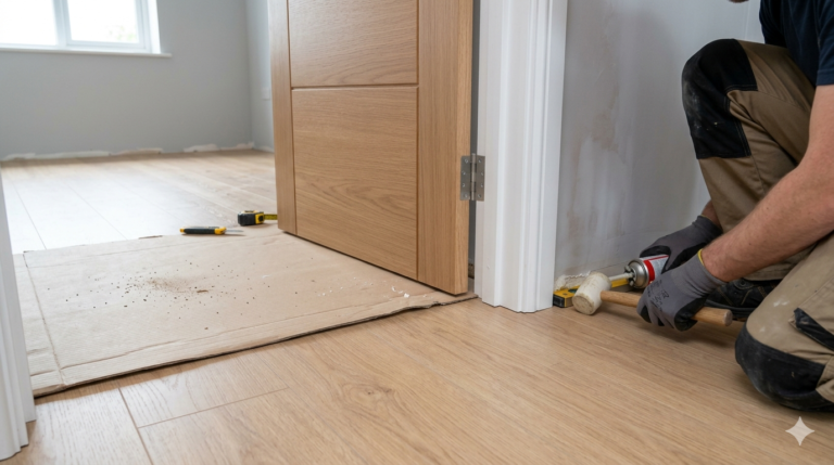 Obraz przedstawia realistyczną scenę z wnętrza nowoczesnego mieszkania w trakcie końcowego etapu remontu