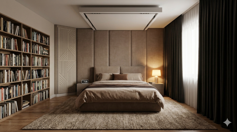 Grafika przedstawia nowoczesną, przytulną sypialnię