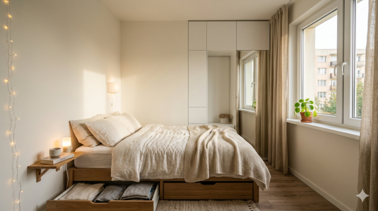 Obraz przedstawia realistyczną wizualizację nowoczesnej, małej sypialni w bloku, utrzymanej w jasnej, ciepłej kolorystyce