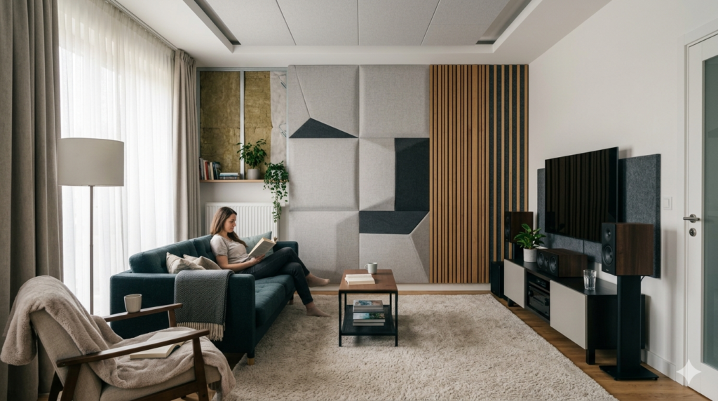 Obraz przedstawia nowoczesny, jasny salon urządzony w minimalistycznym stylu, który emanuje spokojem i porządkiem