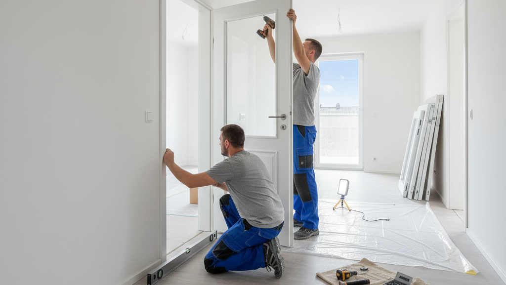 Obraz przedstawia dwóch mężczyzn, prawdopodobnie fachowców, zajętych montażem drzwi wewnętrznych w nowocześnie wykończonym pomieszczeniu