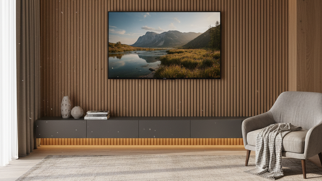 Na obrazie widzimy nowoczesny salon, którego centralnym punktem jest duży telewizor zamontowany na ścianie wykończonej pionowymi panelami ściennymi z naturalnego drewna