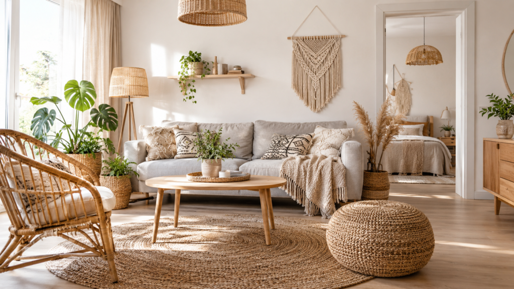 Na zdjęciu widać jasny, przestronny salon urządzony w stylu Scandi Boho