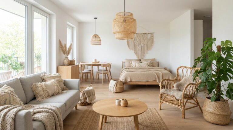 Na obrazie przedstawiono jasne, przestronne wnętrze w stylu scandi boho, które łączy minimalistyczną, skandynawską bazę z przytulnymi, naturalnymi dodatkami