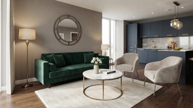 Na tym obrazie widać nowoczesne, eleganckie wnętrze w stylu Modern Glamour, łączące salon z otwartą kuchnią