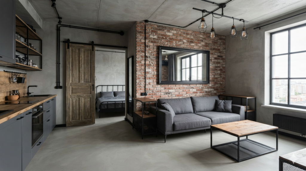 Ten obraz przedstawia nowoczesne, otwarte wnętrze typu loft